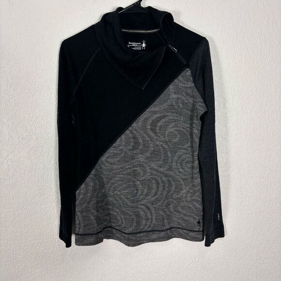 Smartwool Black with Grey Swirl Print Merino Wool Zip Neck Pullover Sweater Wome - Picture 1 of 8